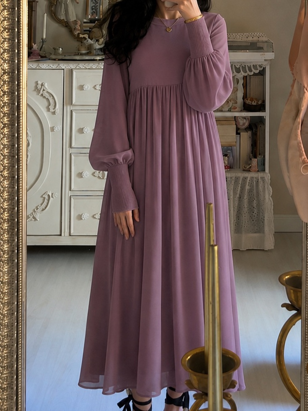 Soft Lavender Long Maxi Dress with Bishop Sleeves